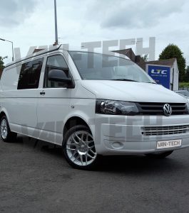VW Transporter T5 with Calibre Exile Alloy wheels in White and Silver
