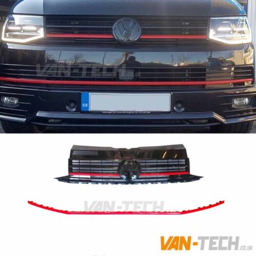 VW Transporter T6 Grille Badged and Lower Bumper Trim Red