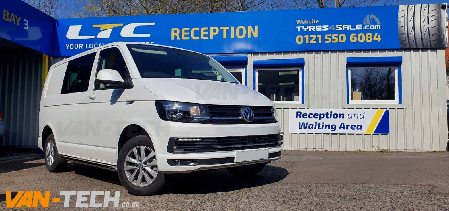 vw transporter t6 van supplied and fitted with sportline side bars chrome front bumper grille trim drls wind deflectors