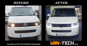 VW Transporter T5.1 fitted with 20" Wolfrace Munich Alloy Wheels, Light Bar Headlights, Sportline Style Side Bars, Front Grille and Dynamic Side Repeaters!