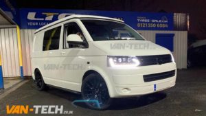 VW Transporter T5.1 fitted with 20" Wolfrace Munich Alloy Wheels, Light Bar Headlights, Sportline Style Side Bars, Front Grille and Dynamic Side Repeaters!