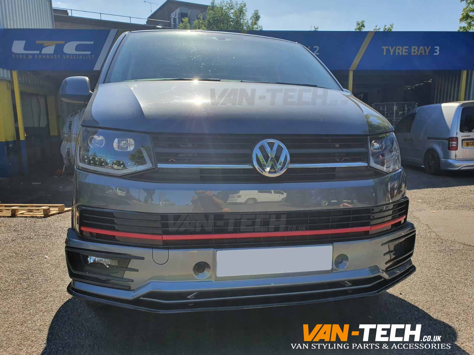 VW Transporter T6 Light Bar Headlights, Sportline Bumper, Splitter and Middle Inserts Red Trim