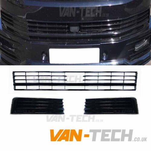 VW Transporter T6 Middle Bumper Inserts for Vans with Radar Sensor Gloss Black Trim