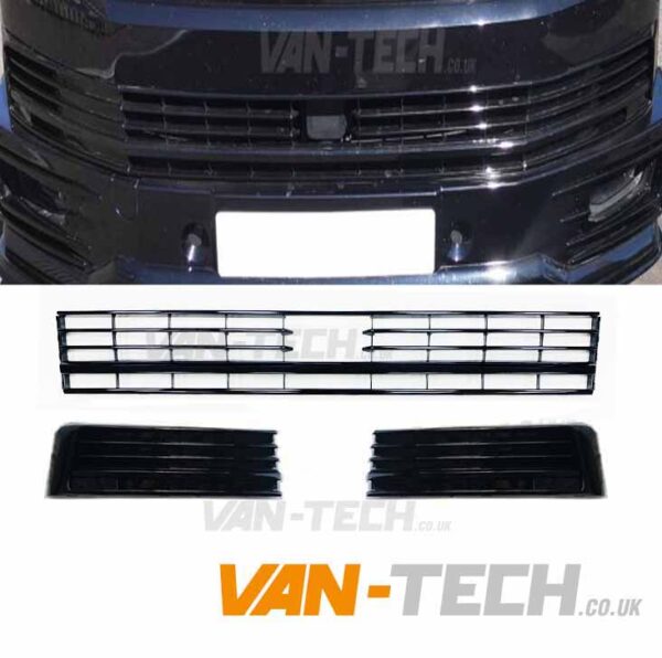 VW Transporter T6 Middle Bumper Inserts for Vans with Radar Sensor Gloss Black Trim