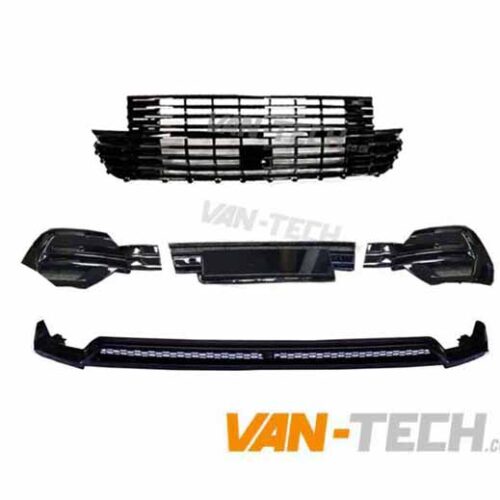 VW T6.1 Badgeless Grille, Lower Bumper Inserts and Front Splitter Gloss Black