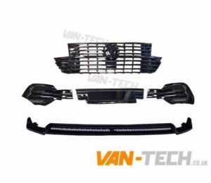 VW T6.1 Badged Grille, Lower Bumper Inserts and Front Splitter Gloss Black
