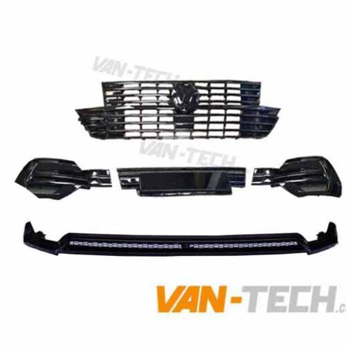 VW T6.1 Badged Grille, Lower Bumper Inserts and Front Splitter Gloss Black