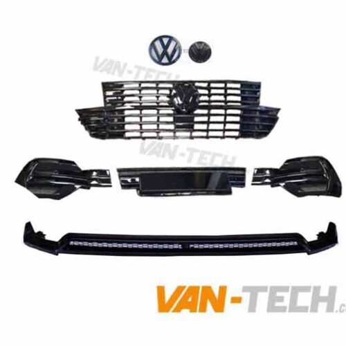 VW T6.1 Badged Grille, Badges, Lower Bumper Inserts and Front Splitter Gloss Black