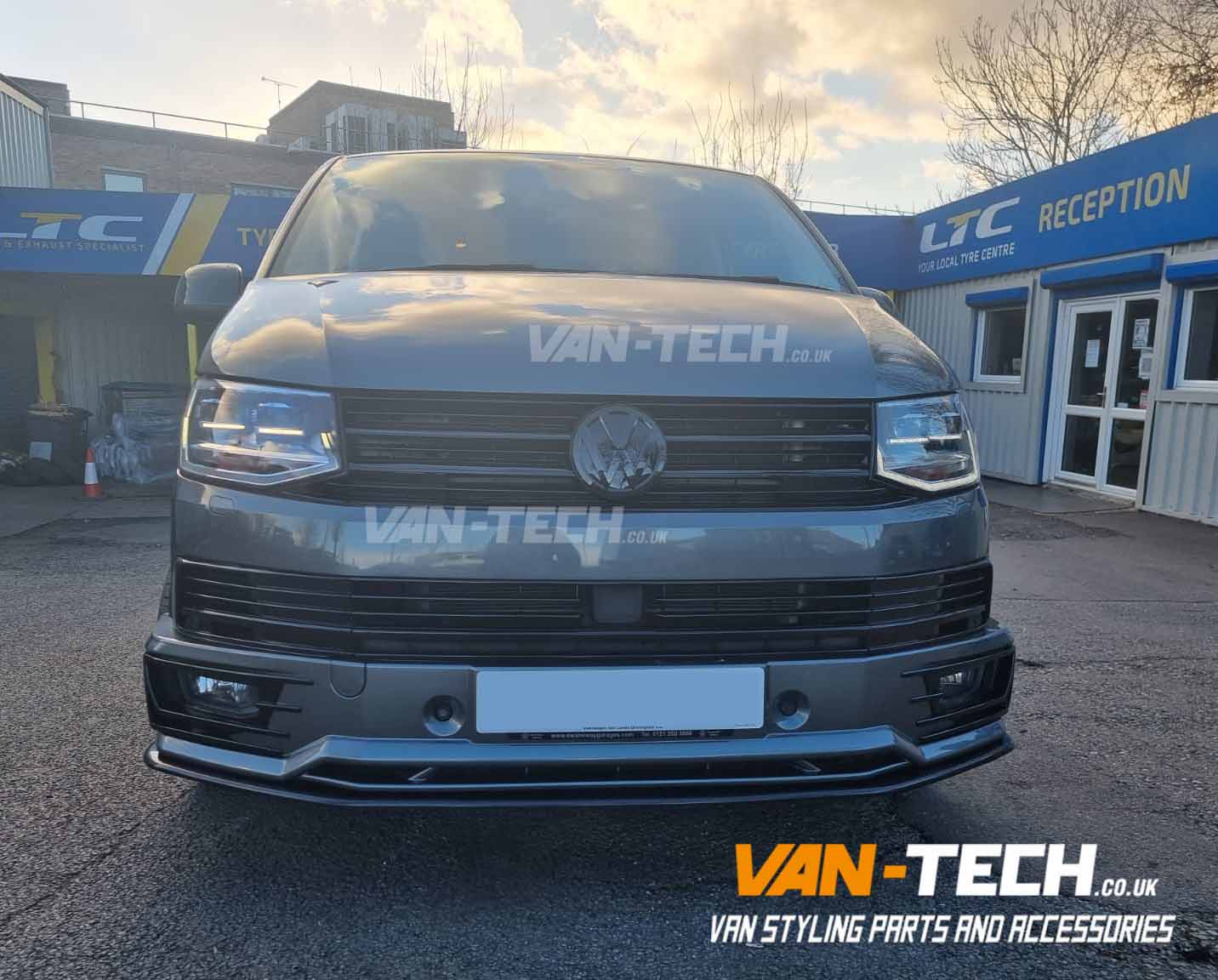 VW Transporter T6 Front End Upgrade Parts - Badged Grille, Side Bars, Middle Inserts, Sportline Bumper and Splitter