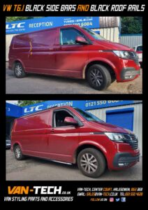 VW Transporter T6.1 Parts Black Angular Side Bars, Black Roof Rails and Rear Barn Door Spoiler