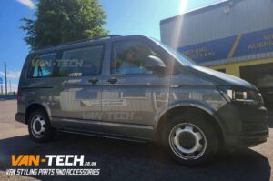 VW Transporter T6.1 Parts and Accessories Black Sportline Style Side Bars, Aluminium Black Roof Rails and Rear Black Transporter Badge