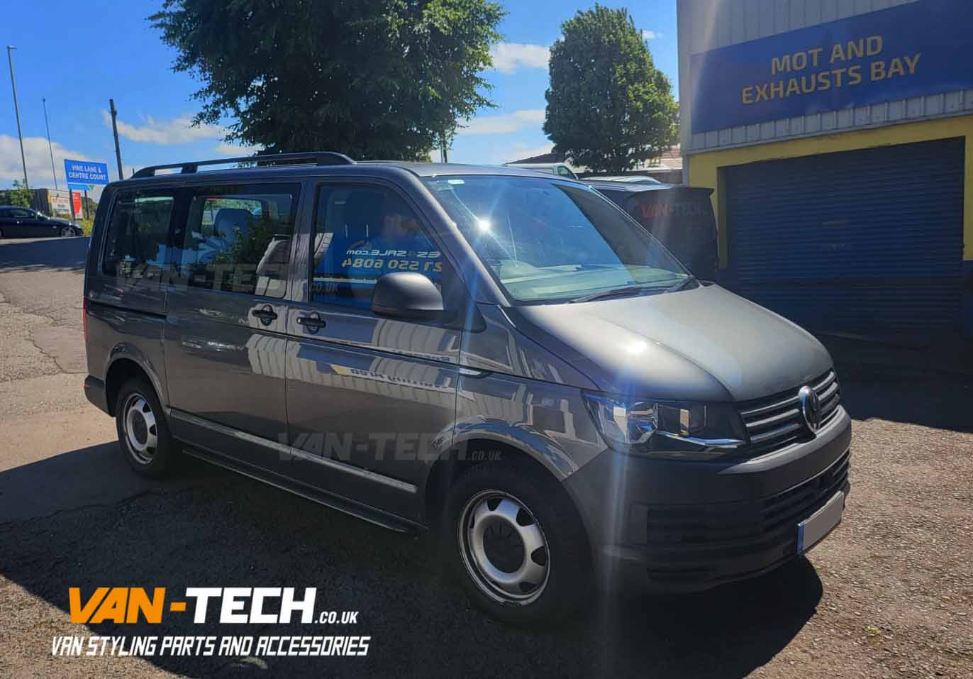 VW Transporter T6.1 Parts and Accessories Black Sportline Style Side Bars, Aluminium Black Roof Rails and Rear Black Transporter Badge