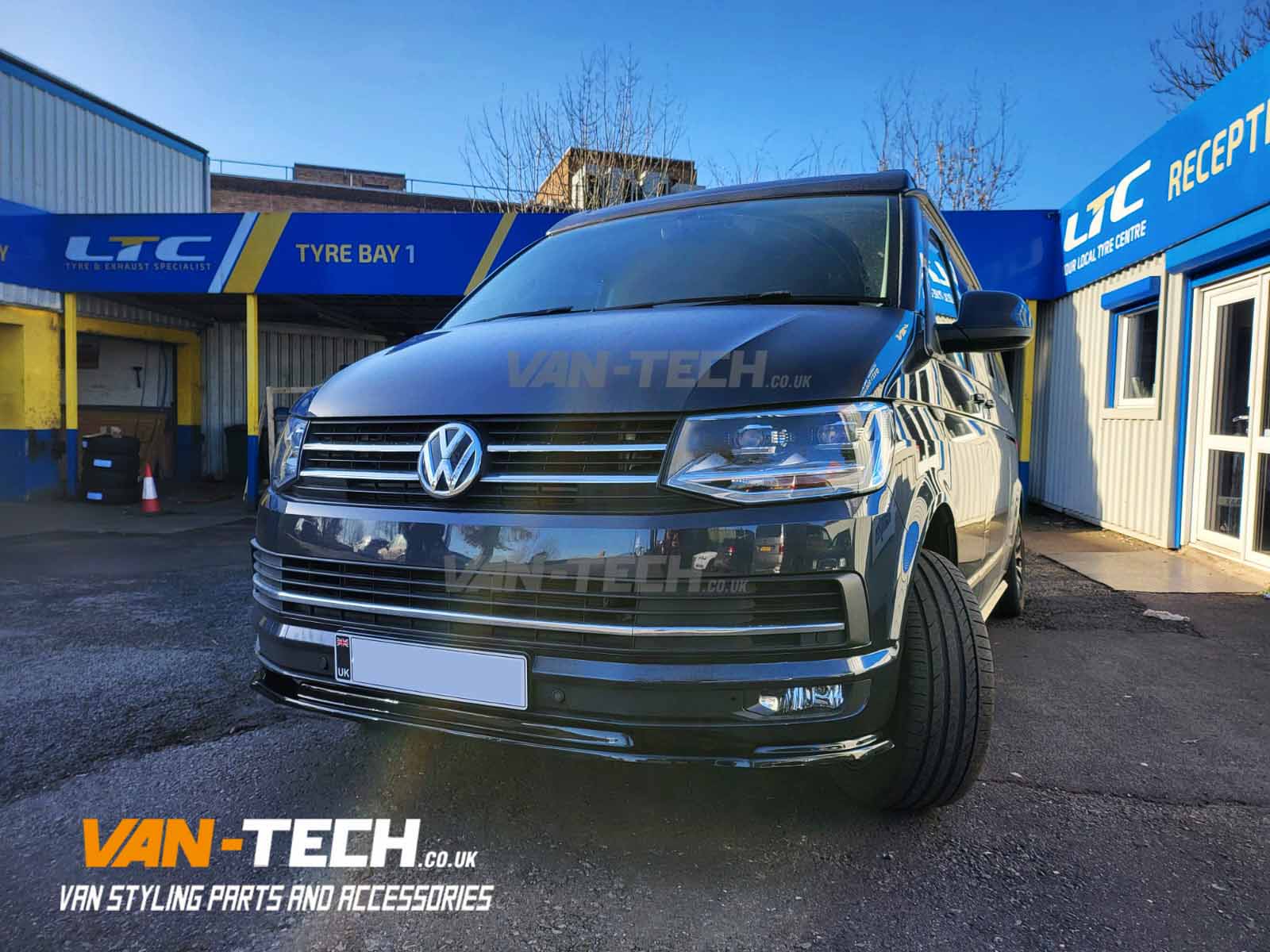 VW Transporter T6 Parts Angular Black LWB Side Bars and Front Lower Splitter for Standard Bumper