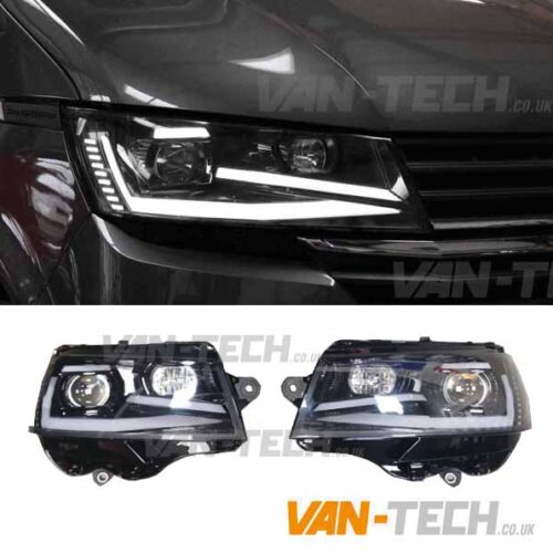 VW Transporter T6.1 LED Light Bar Headlights with Dynamic Indicators Gloss Black
