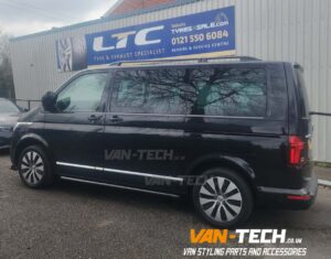 VW Transporter T6.1 Parts and Accessories - Black Aluminium Roof Rails, Black Side Bars and Front Lower Spoiler/ Splitter