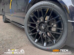 VW Transporter T6 Momo Revenge Alloy Wheels, H&R 40mm Lowering Springs and Rear Bumper Protector